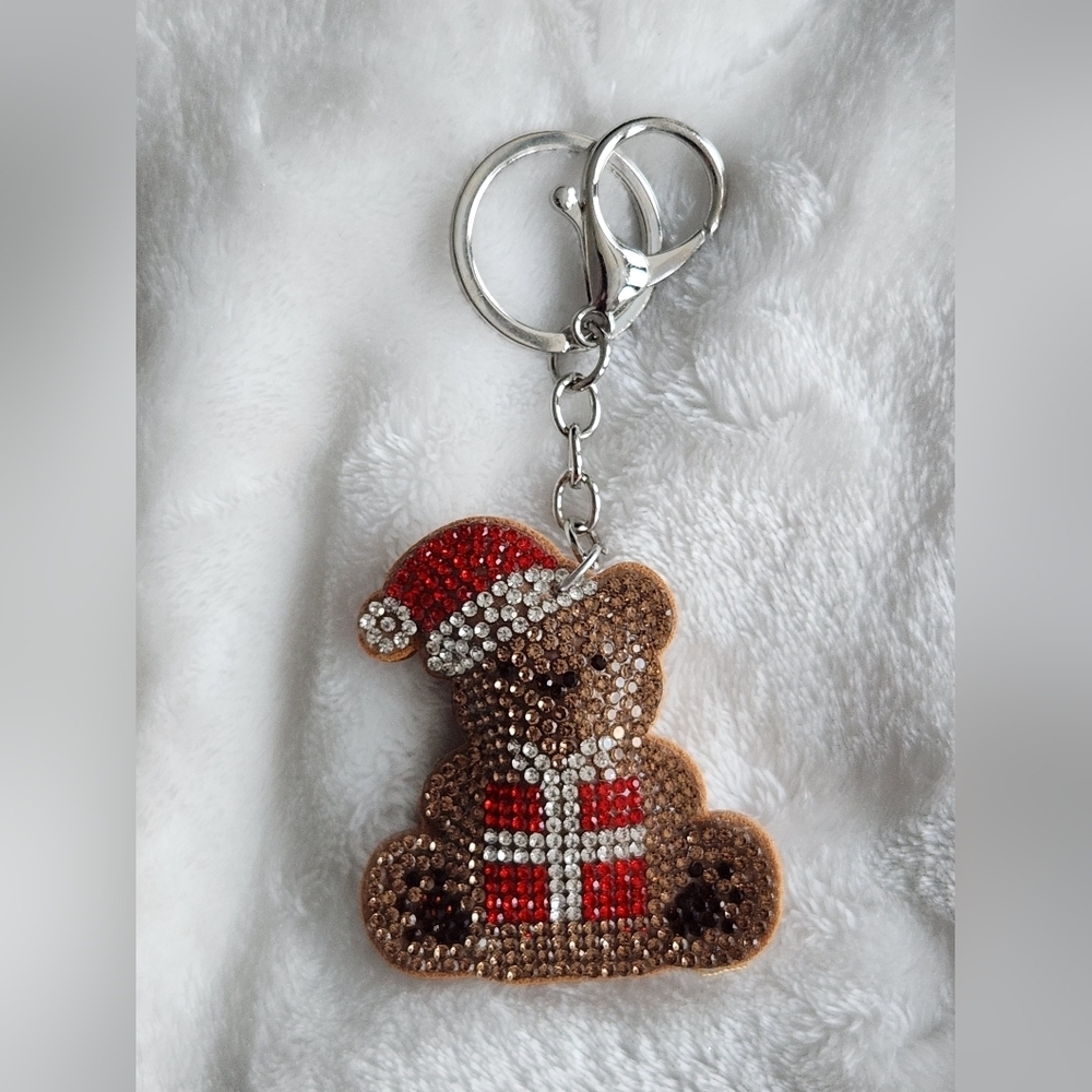 Festive Christmas Brown Bear Keychain with Red Santa Hat And Present Bag Charm